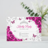 Fuchsia Pink Silver Floral Quinceanera Reply RSVP Karte (Stehend Vorderseite)