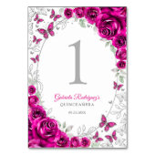 Fuchsia Pink Silver Floral Quinceanera Tischnummer (Rückseite)