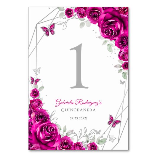 Fuchsia Pink Silver Floral Quinceanera Tischnummer (Vorderseite)