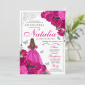 Fuchsia Pink Silver Princess Butterfly Quinceañera Einladung (Stehend Vorderseite)