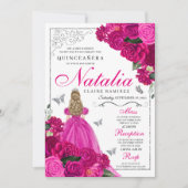 Fuchsia Pink Silver Princess Butterfly Quinceañera Einladung (Vorderseite)