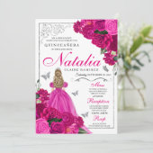 Fuchsia Pink Silver Princess Butterfly Quinceañera Einladung (Stehend Vorderseite)