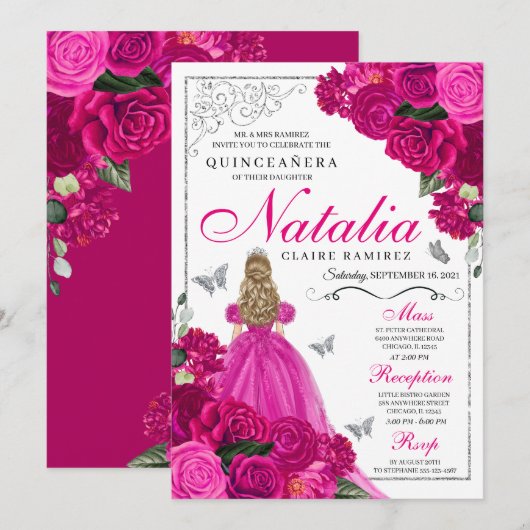 Fuchsia Pink Silver Princess Butterfly Quinceañera Einladung (Vorne/Hinten)