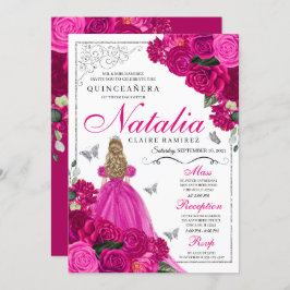 Fuchsia Pink Silver Princess Butterfly Quinceañera Einladung