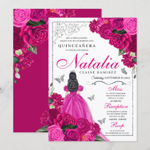 Fuchsia Pink Silver Princess Butterfly Quinceañera Einladung