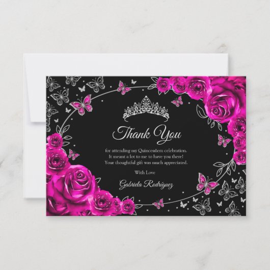 Fuchsia Pink Silver Quinceanera Dankeskarte (Vorderseite)