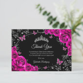 Fuchsia Pink Silver Quinceanera Dankeskarte (Stehend Vorderseite)