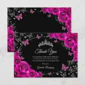 Fuchsia Pink Silver Quinceanera Dankeskarte (Vorne/Hinten)