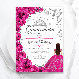 Fuchsia Pink Silver Quinceanera Einladung