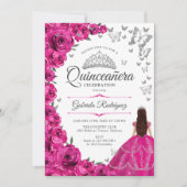 Fuchsia Pink Silver Quinceanera Einladung (Vorderseite)