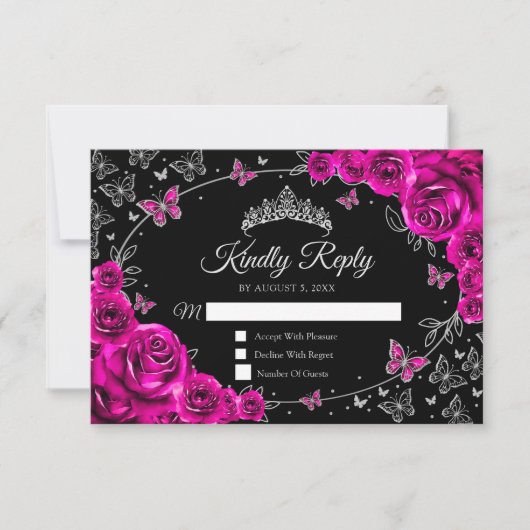 Fuchsia Pink Silver Quinceanera Reply RSVP Karte (Vorderseite)