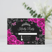 Fuchsia Pink Silver Quinceanera Reply RSVP Karte (Stehend Vorderseite)