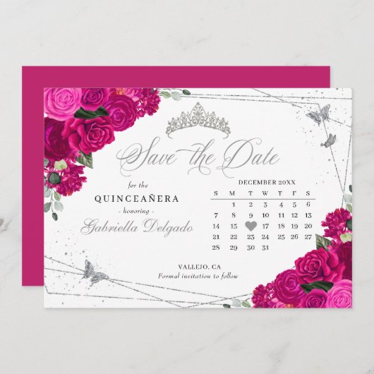 Fuchsia Pink & Silver Quinceañera Save the Date Einladung (Vorne/Hinten)