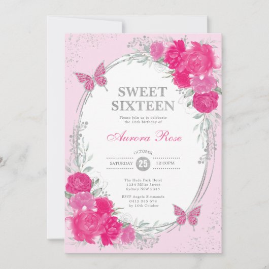 Fuchsia Pink Silver Sweet Sixteen 16th Birthday Einladung (Vorderseite)