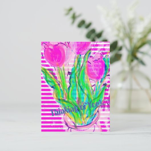 Fuchsia Pink Tulips in einer Vase-Multimedia-Postk Postkarte (Stehend Vorderseite)