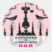 Fuchsia Pink Vintag Chandelier Bird Wedding Runder Aufkleber (Vorderseite)