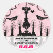 Fuchsia Pink Vintag Chandelier Bird Wedding Runder Aufkleber (Vorderseite)