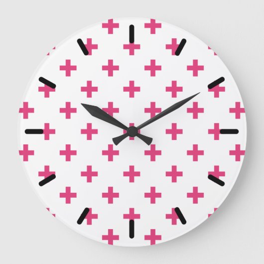 Fuchsia polka kreuzt weiß große wanduhr (Vorderseite)