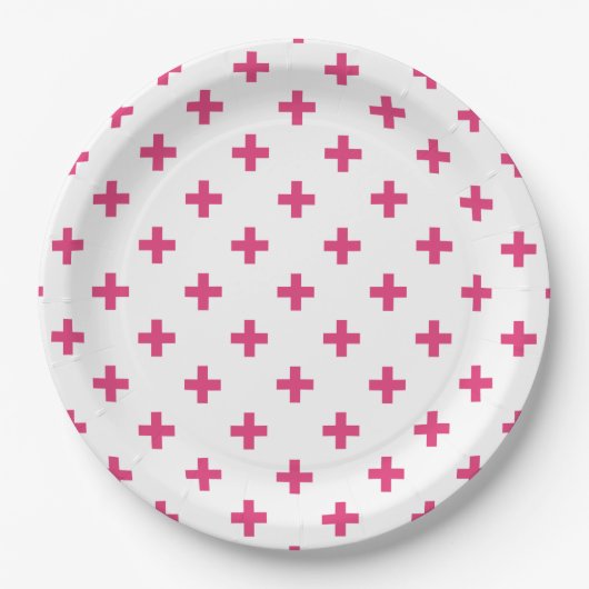 Fuchsia polka kreuzt weiß pappteller (Vorderseite)