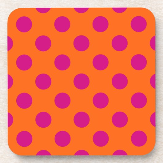 Fuchsia-Polka-Punkte auf Orange Getränkeuntersetzer (Vorderseite)