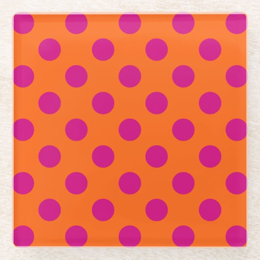 Fuchsia-Polka-Punkte auf Orange Glasuntersetzer (Vorderseite)