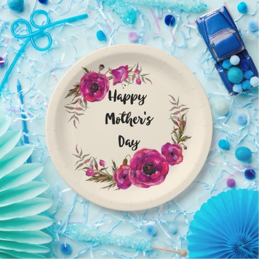 Fuchsia Poppies Blumenreath Happy Mother Day Pappteller (Party)