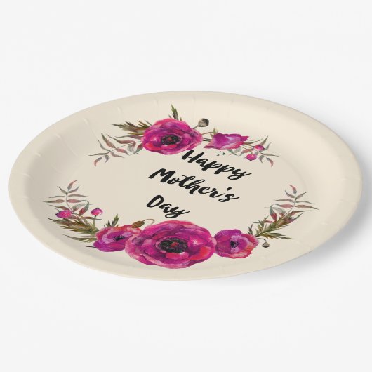 Fuchsia Poppies Blumenreath Happy Mother Day Pappteller (Schrägansicht)