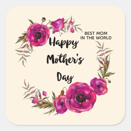 Fuchsia Poppies Blumenreath Happy Mother Day Quadratischer Aufkleber (Vorderseite)