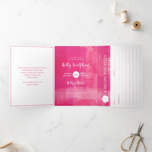 Fuchsia Potluck Brautparty mit Rezept Card Dreifach Gefaltete Einladung (Innenseite)