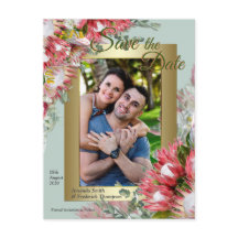Fuchsia Protea ist mit Green & Gold Save the Date
