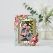 Fuchsia Protea ist mit Green & Gold Save the Date Ankündigungspostkarte (Stehend Vorderseite)