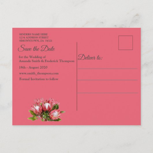 Fuchsia Protea ist Save the Date mit Blush & Gold Ankündigungspostkarte (Rückseite)
