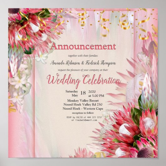 Fuchsia Protea mit Blush & Gold Ankündigung Poster (Vorne)