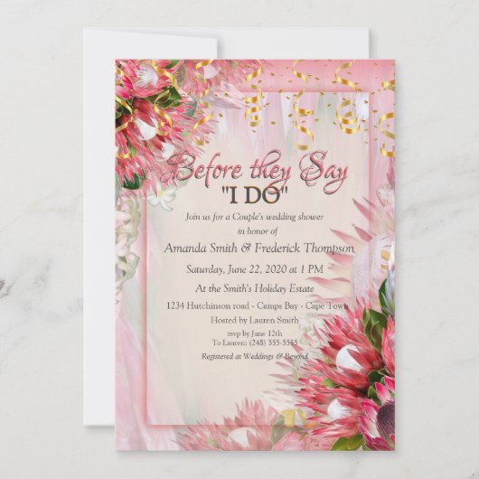 Fuchsia Protea mit Blush & Gold Polterabend Einladung (Vorderseite)