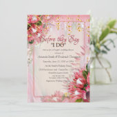 Fuchsia Protea mit Blush & Gold Polterabend Einladung (Stehend Vorderseite)