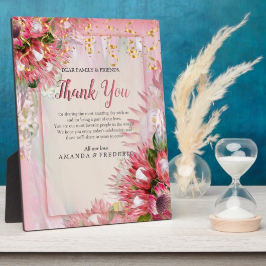 Fuchsia Protea mit Blush & Gold Ribbons Fotoplatte (Seite)