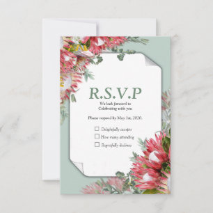 Fuchsia Protea mit Grüntönen & Goldbändern RSVP Karte