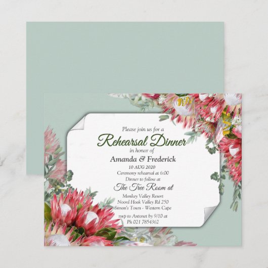 Fuchsia Protea's - Grüntöne & Gold Probe Dinner Einladung (Vorne/Hinten)