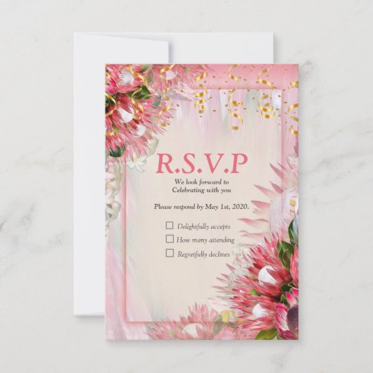 Fuchsia Protea's mit Blush & Gold Bänder RSVP Karte (Vorderseite)