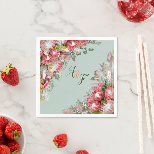 Fuchsia Protea's & Sage Green Blätter Napkins Serviette (Beispiel)