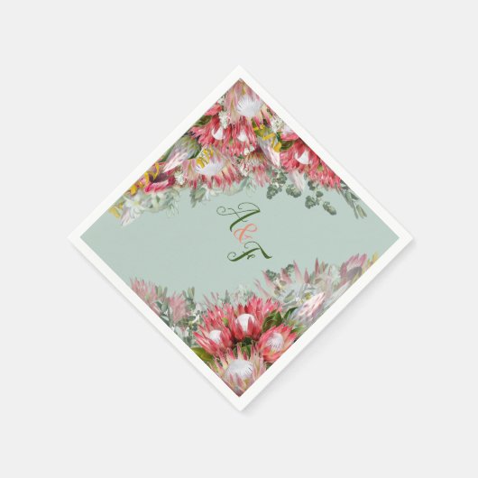 Fuchsia Protea's & Sage Green Blätter Napkins Serviette (Ecke)