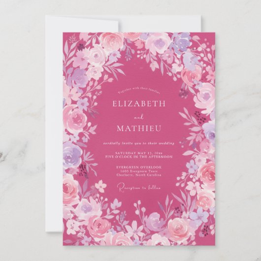 Fuchsia-Ranunculus-Sage-Hochzeit Einladung (Vorderseite)