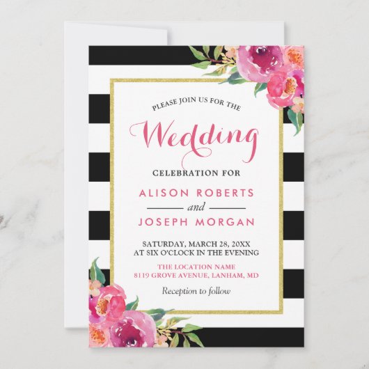 Fuchsia Raspberry Floral Stripes Moderne Hochzeit Einladung (Vorderseite)