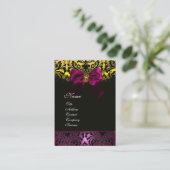 FUCHSIA RIBBON BLACK GOLD YELLOW DAMASK MONOGRAMM VISITENKARTE (Stehend Vorderseite)