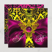FUCHSIA RIBBON GOLD CELTIC HERZ DAMASK MONOGRAMM EINLADUNG (Vorne/Hinten)