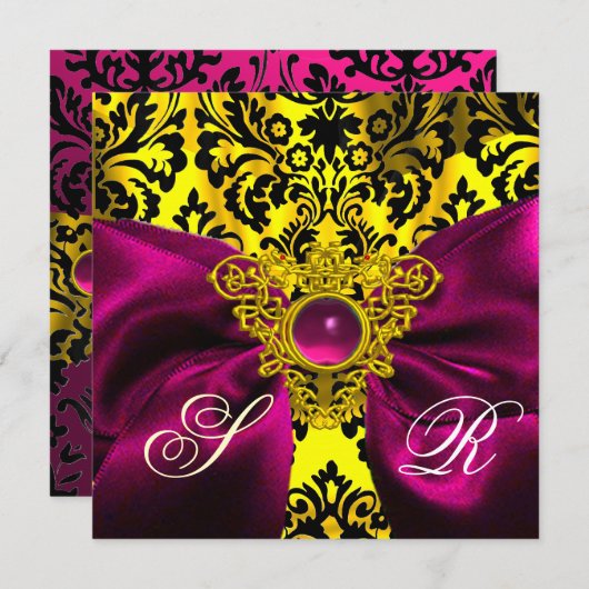 FUCHSIA RIBBON GOLD CELTIC HERZ DAMASK MONOGRAMM EINLADUNG (Vorne/Hinten)
