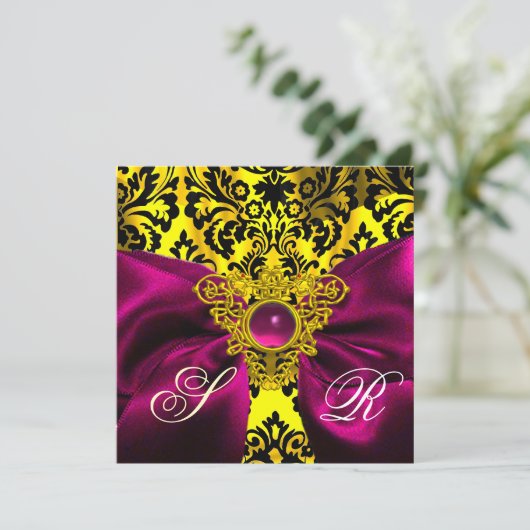 FUCHSIA RIBBON GOLD CELTIC HERZ DAMASK MONOGRAMM EINLADUNG (Stehend Vorderseite)