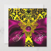 FUCHSIA RIBBON GOLD CELTIC HERZ DAMASK MONOGRAMM EINLADUNG (Vorderseite)