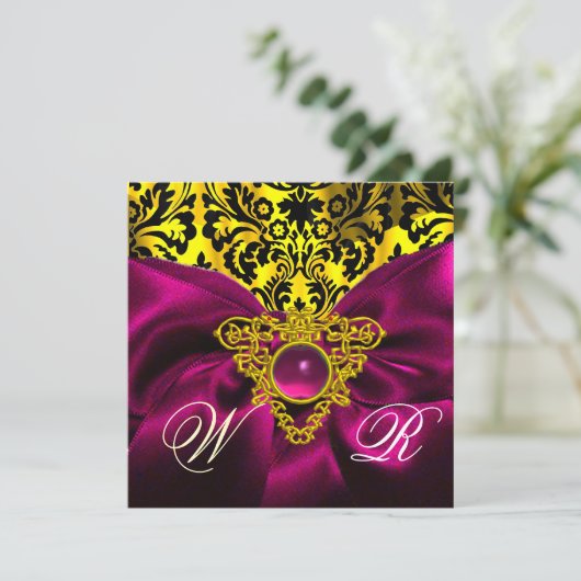 FUCHSIA RIBBON GOLD CELTIC HERZ DAMASK MONOGRAMM EINLADUNG (Stehend Vorderseite)
