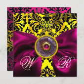 FUCHSIA RIBBON GOLD YELLOW BLACK DAMASK MONOGRAMM EINLADUNG (Vorne/Hinten)